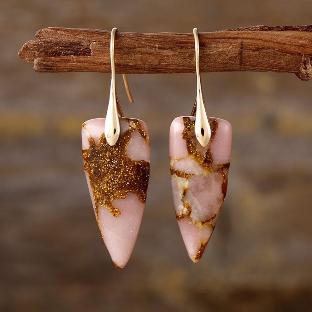 Pink and Gold Natural Stone Geometric Shape Earrings